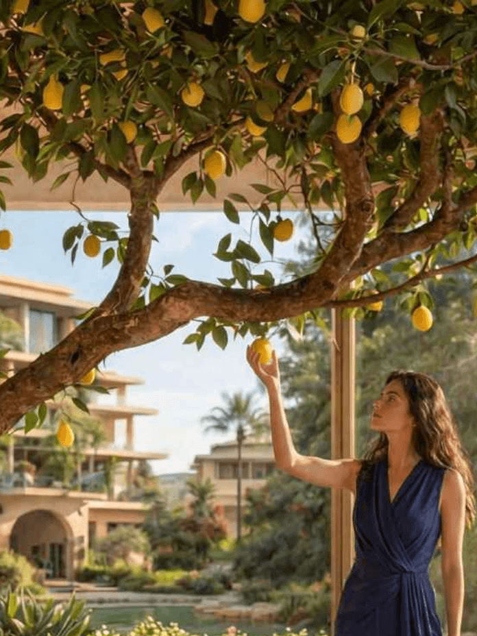 Woman in a blue dress reaches to pick a lemon from a large indoor lemon tree branch, sunlit resort and gardens visible through tall windows.
