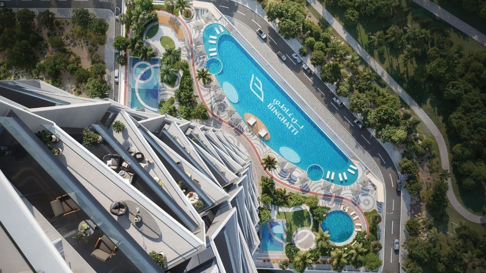 Aerial perspective of Binghatti Circle tower balconies and branded infinity pool surrounded by palm trees and geometric landscaping in Jumeirah Village Circle.