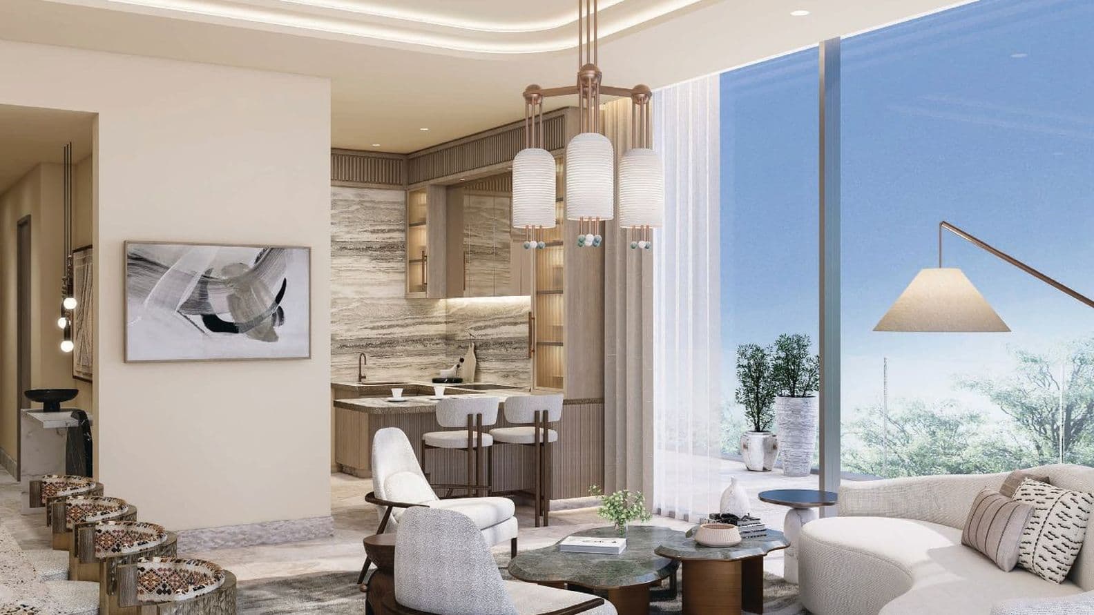 Modern living room with large windows, plush seating, abstract art, and a view of greenery. Features soft lighting and elegant decor.