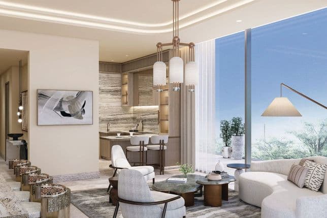 Modern living room with large windows, plush seating, abstract art, and a view of greenery. Features soft lighting and elegant decor.