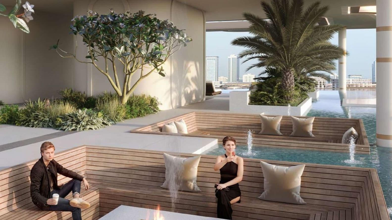 Elegant rooftop lounge with two people seated around a fire pit, surrounded by plants and an infinity pool, offering cityscape views.