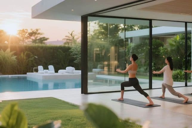 Zwei Personen beim Yoga in Innenräumen nahe großer Glas Türen, mit Blick auf einen Pool und einen üppigen Garten bei Sonnenaufgang.