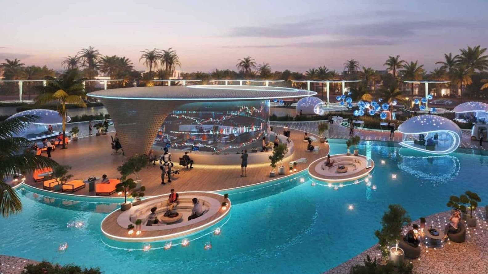 Futuristic poolside lounge with modern architecture, vibrant lighting, floating seats, and people relaxing at dusk, surrounded by palm trees.