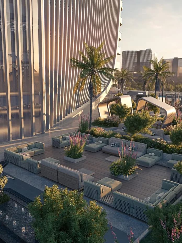 Sunlit rooftop terrace with teal seating, planters, palm trees, and sculptural arches; a pool and distant city skyline. KI-generiertes Bild
