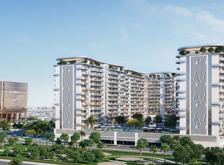 Modern residential complex with multiple high-rise buildings, featuring geometric facades, greenery, and surrounding roads and landscaping.
