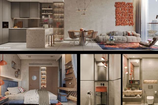 Modern apartment interior with open kitchen, cozy living area, stylish bedroom, and elegant bathroom, featuring warm lighting and contemporary decor.