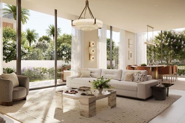Luxury living room in 4-bedroom Selvara villa at Grand Polo Club with garden view