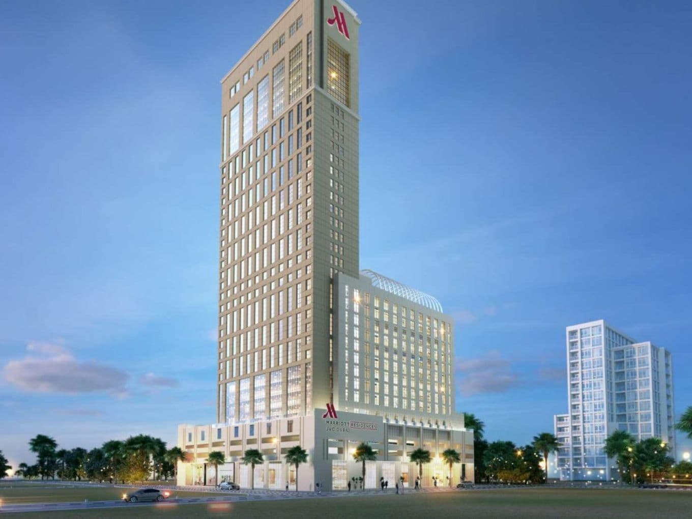 External render of the new Marriot Residences JVC hotel - offering licensed F&B and retail units