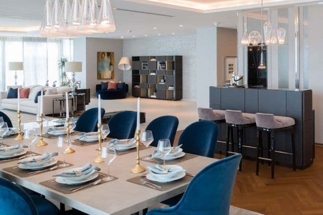 Luxurious living room at W Residences Dubai, The Palm with sea views and elegant finishes.