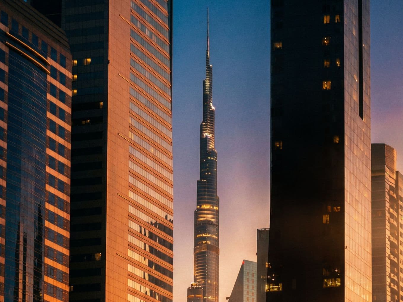 Burj Khalifa among other buildings at sunset, with a glowing, colorful sky in the background.