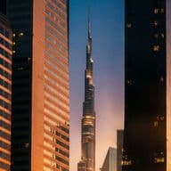 Burj Khalifa among other buildings at sunset, with a glowing, colorful sky in the background.