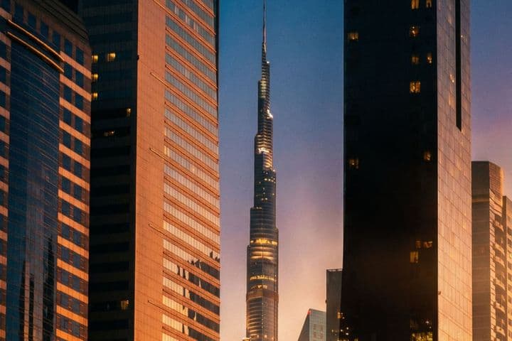 Burj Khalifa among other buildings at sunset, with a glowing, colorful sky in the background.