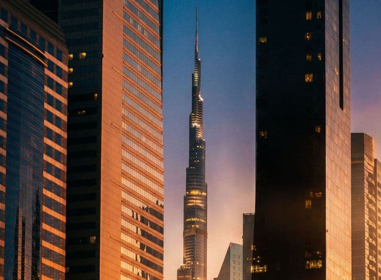 Burj Khalifa among other buildings at sunset, with a glowing, colorful sky in the background.