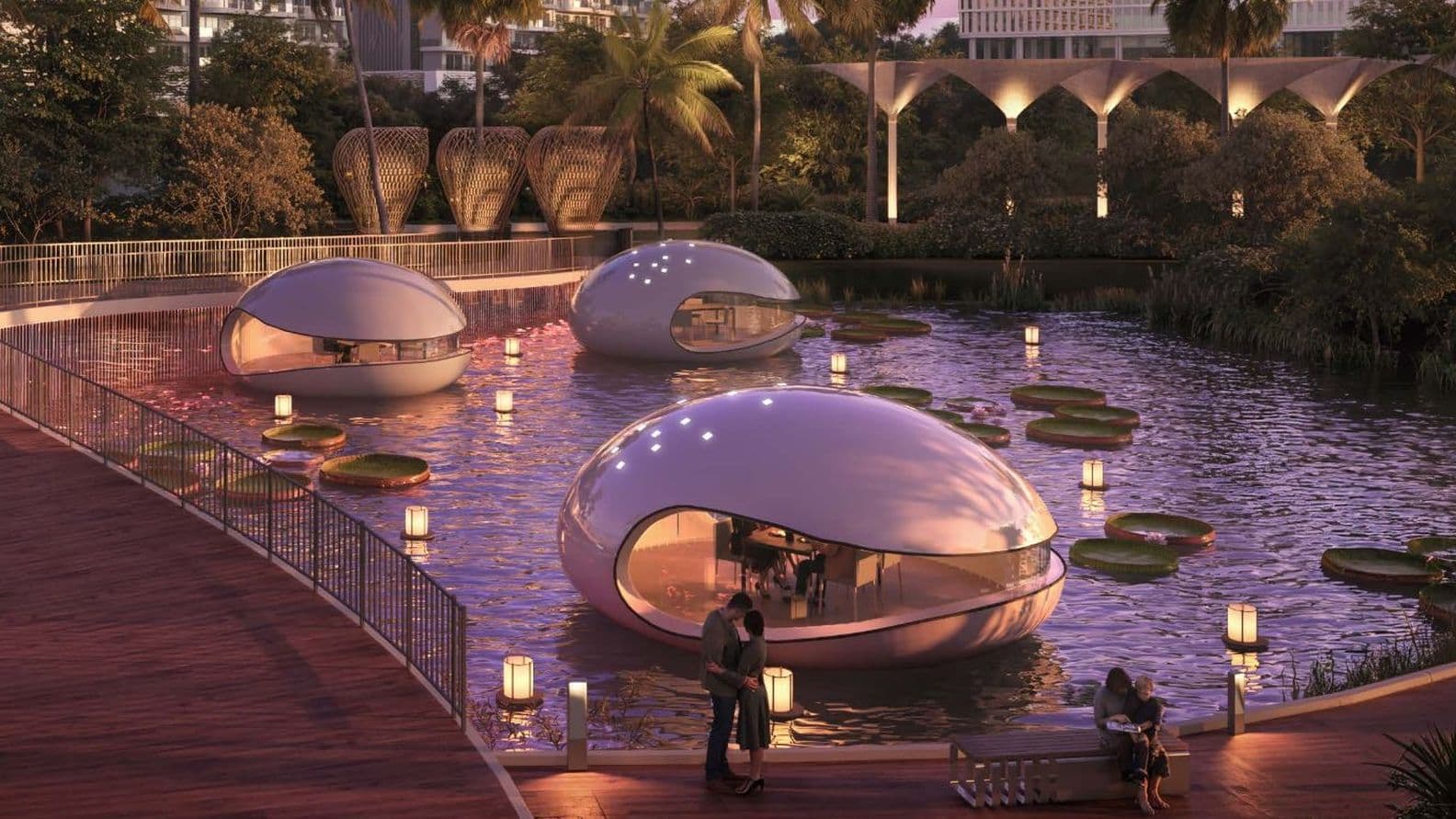 Futuristic pods float on a tranquil lily pond surrounded by palm trees and modern architecture at dusk, with soft lighting and people nearby.