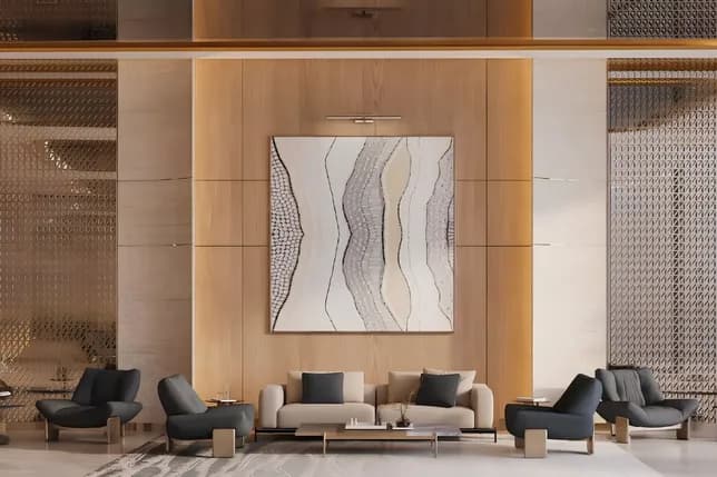 Contemporary hotel lobby featuring a large abstract artwork on a warm wooden wall, beige sofa, dark gray lounge chairs, and a low coffee table. AI-generated image