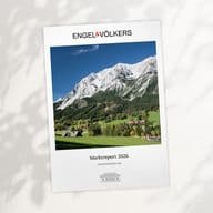 Engel & Völkers report cover showing alpine landscape: green valley, chalets, forest and snow‑capped mountains, titled "Marktreport 2026".