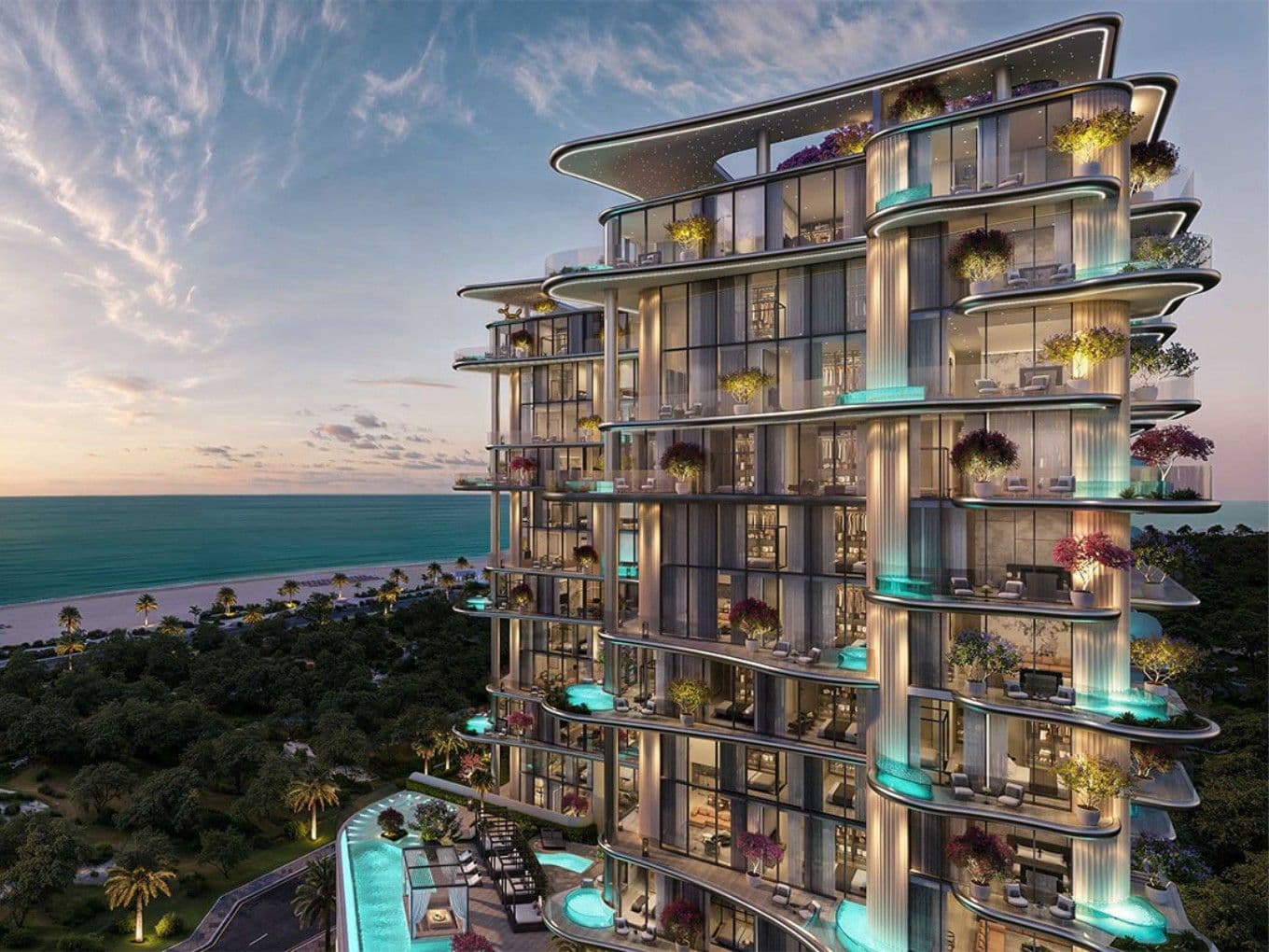 Exterior von Villa del Gavi mit Swimmingpools auf den Balkonen und direkter Strandlage