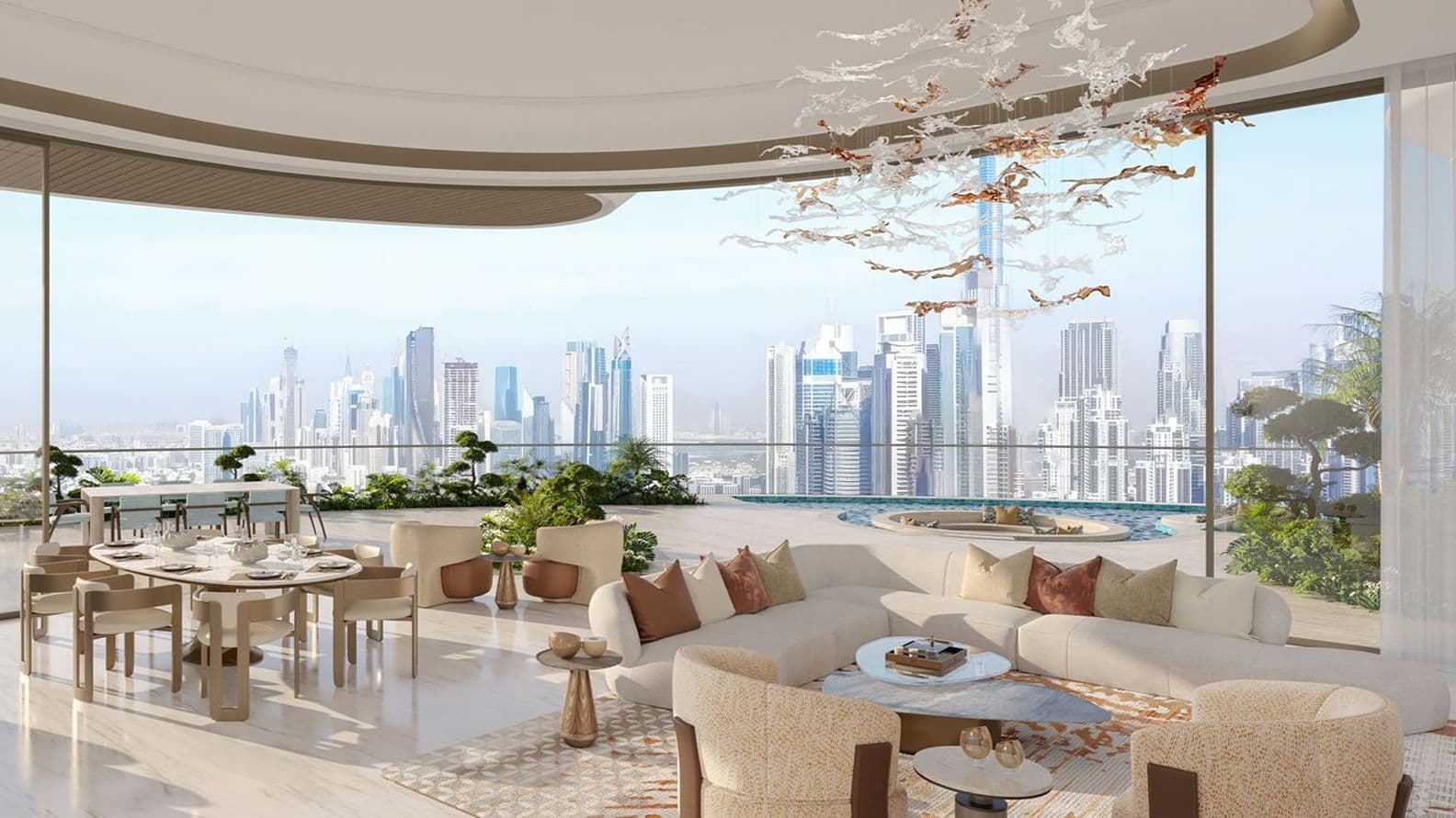 Luxurious open-plan living and dining area with cream furniture, glass walls, a sculptural chandelier, and a city skyline view over a pool.