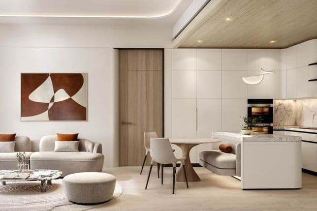 Living room and kitchen at La Mazzoni by Luxe at Al Marjan Island RAK with modern design and open layout