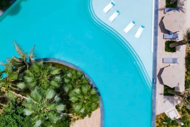 Luftaufnahme eines Resort-Pools mit drei ins Wasser eingelassenen Liegen, umgeben von Palmen und Sonnenschirmen an einem sonnigen Tag.