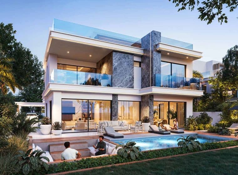 Modern two-story house with large windows, a pool, and outdoor seating area. People relax by the pool surrounded by lush greenery at dusk.