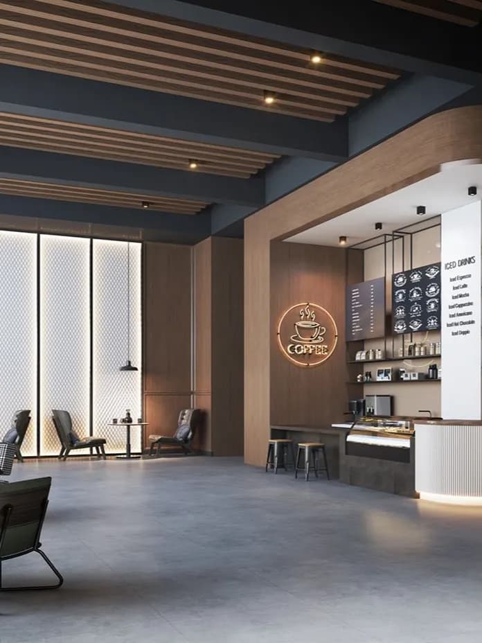 Contemporary coffee shop interior featuring wooden panels, a curved white counter, warm backlit shelves, and diverse seating under exposed beams. KI-generiertes Bild