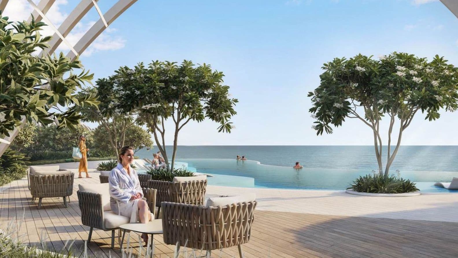 Infinity pool at La Mazzoni by Luxe at Al Marjan Island RAK with sea views and luxury seating area