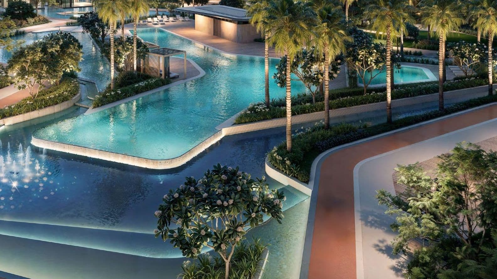 Nighttime view of lagoon pool and walkways at City Walk Crestlane by Meraas, City Walk, Dubai.