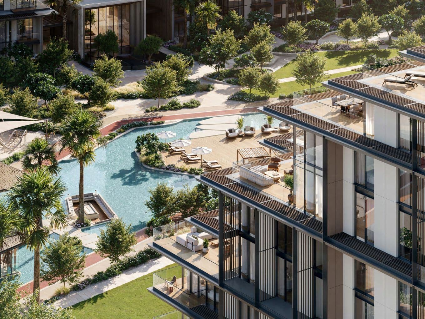 Lagoon deck with loungers and greenery at City Walk Crestlane by Meraas, City Walk, Du