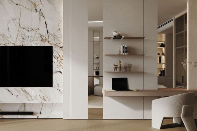 Interior image of a modern Binghatti Circle apartment featuring marble accents, integrated shelving, and a luxury workspace.