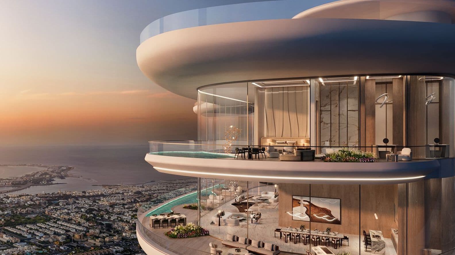 A futuristic circular glass-walled residence with stacked balconies, an outdoor pool and lounge areas, overlooking a coastal city at sunset.