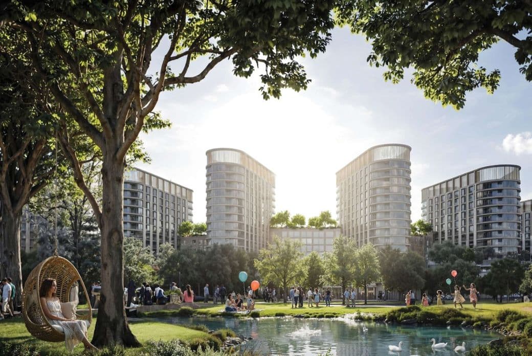 A serene urban park with a woman in a hanging chair under trees, people enjoying a pond with swans, and modern buildings in the background.