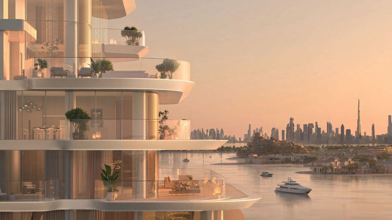 Curved balconies of Passo residences overlooking a calm sea at golden hour with Burj Khalifa visible in the distance.