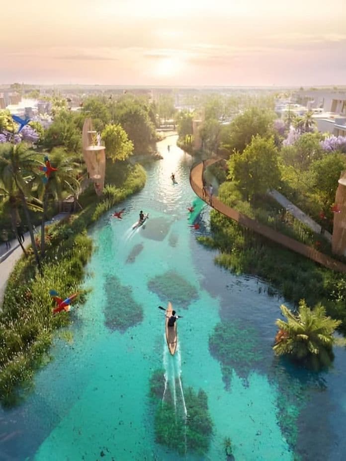 A landscaped residential community featuring a clear blue lagoon with people kayaking, surrounded by greenery, walking paths, tropical plants, and modern villas on both sides.