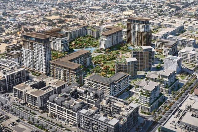 Aerial view of Central Park at City Walk showing modern apartment developments surrounding a community park