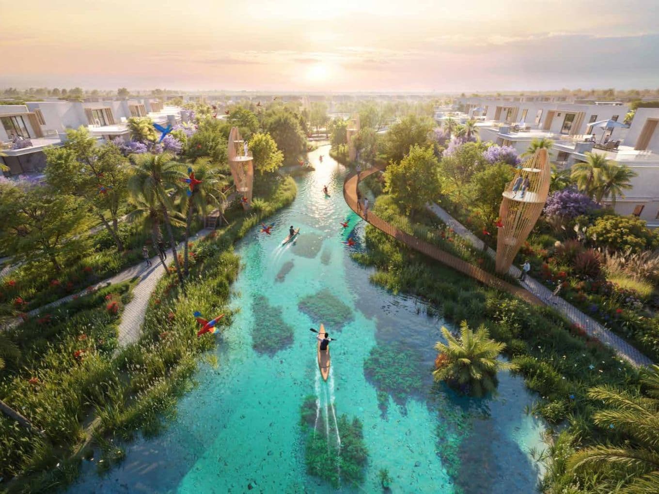 A serene canal winds through a lush modern residential area at sunset, with kayakers in the water and colorful birds in the trees.