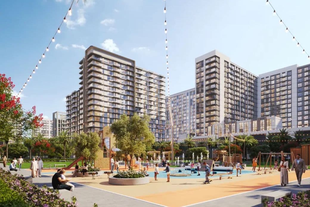 A vibrant urban park with people enjoying a playground. High-rise buildings in the background and string lights above enhance the lively scene.