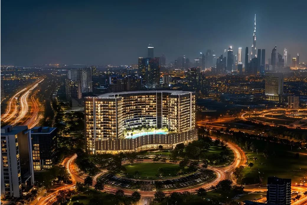 Nighttime cityscape featuring a curved glass hotel with a pool in the foreground, surrounding light-trail roads and a distant skyline of skyscrapers. AI-generated image