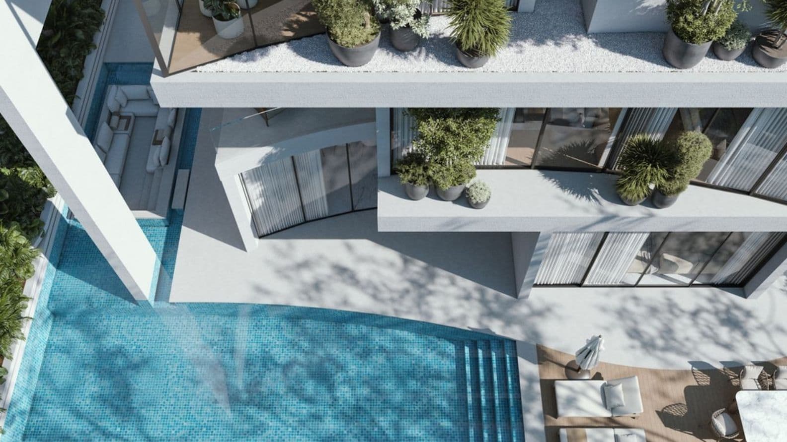 A modern multi-level house with large windows, a rooftop garden, and a rectangular swimming pool surrounded by patio furniture.