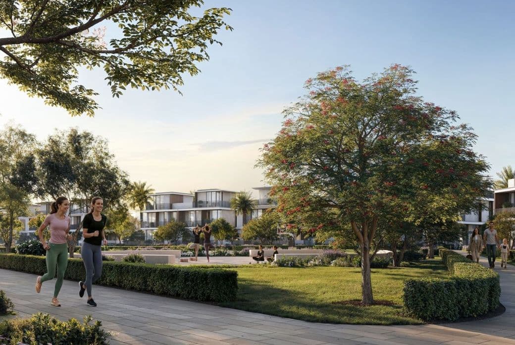 Green community jogging path at Selvara Grand Polo Club Emaar with modern villas in background