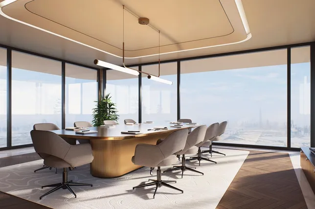 Bright modern conference room with a long curved wooden table, gray swivel chairs, a potted plant, and floor-to-ceiling windows overlooking cityscape. KI-generiertes Bild