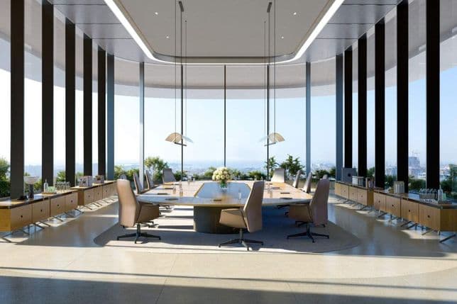 Geräumiger Konferenzraum in Lumena mit raumhohen Fenstern und lichtdurchflutetem Design.