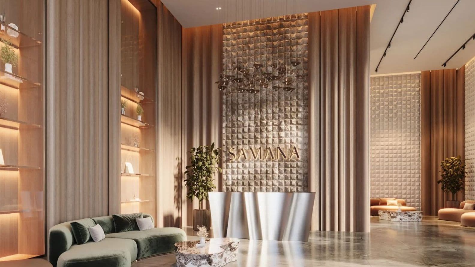Luxurious hotel lobby with modern design, featuring wood paneling, plush green seating, marble surfaces, and a sleek reception desk.