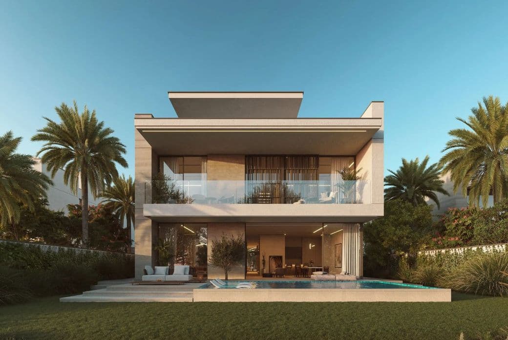 Modern two-story house with large glass windows, spacious balconies, a lush garden, and a swimming pool under a clear blue sky.