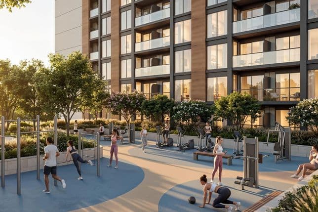 People exercising in an outdoor gym near a modern apartment building, surrounded by trees and greenery at sunset.
