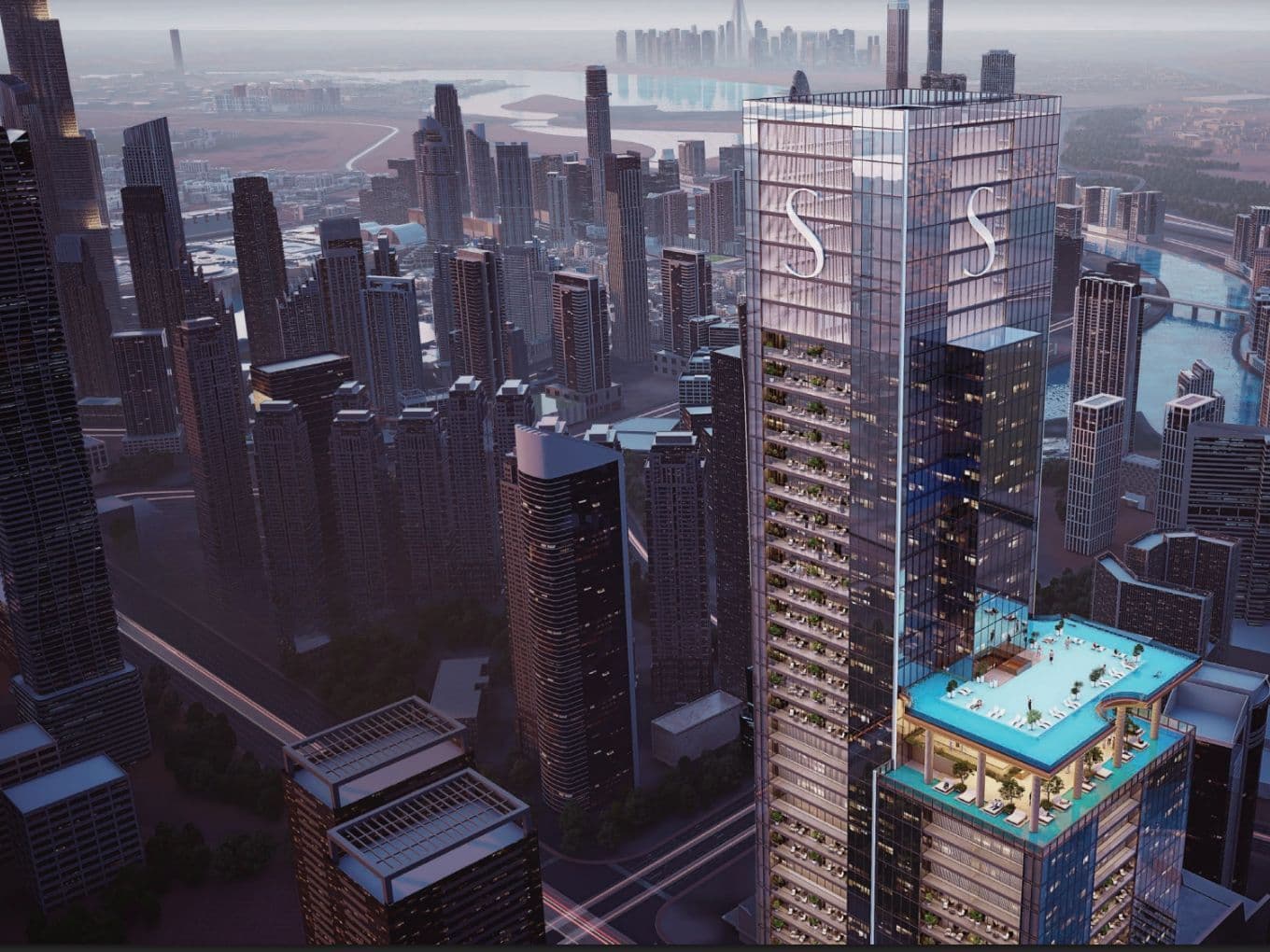 Sobha Skyparks with rooftop pool, surrounded by a cityscape of modern high-rise buildings, under a cloudy sky.