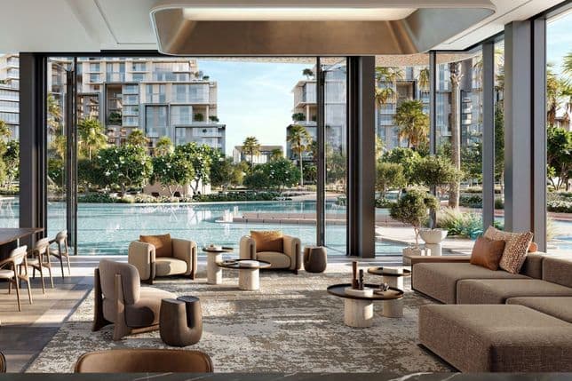 Elegant resident lounge with pool and greenery views at City Walk Crestlane by Meraas, City Walk, Dubai.