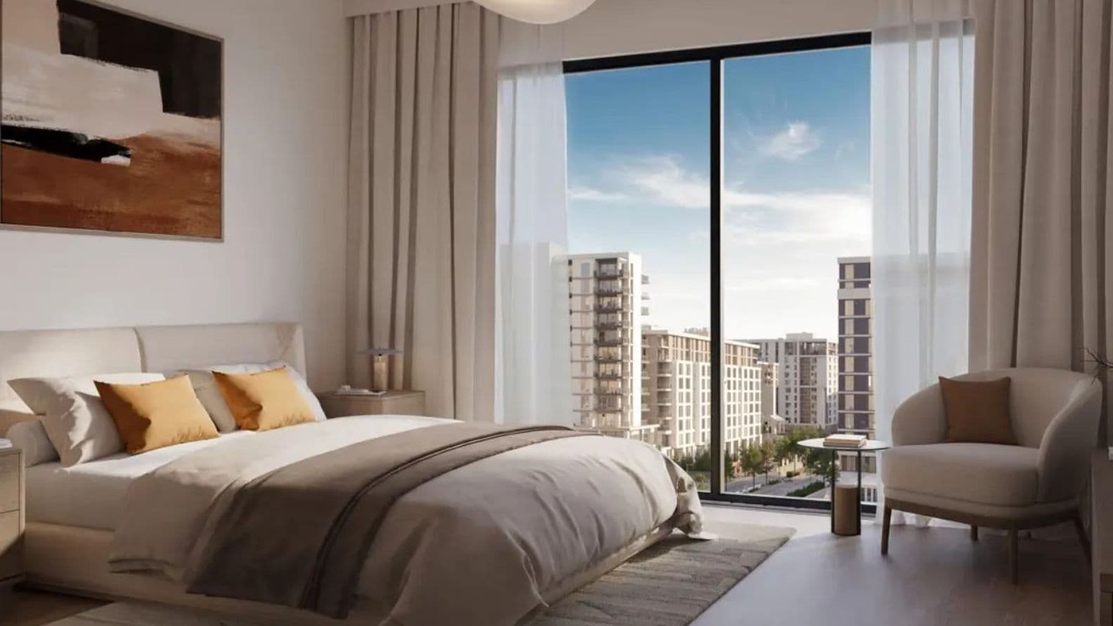 Modern bedroom with large window view of cityscape, beige and brown decor, double bed, armchair, nightstand, and abstract wall art.