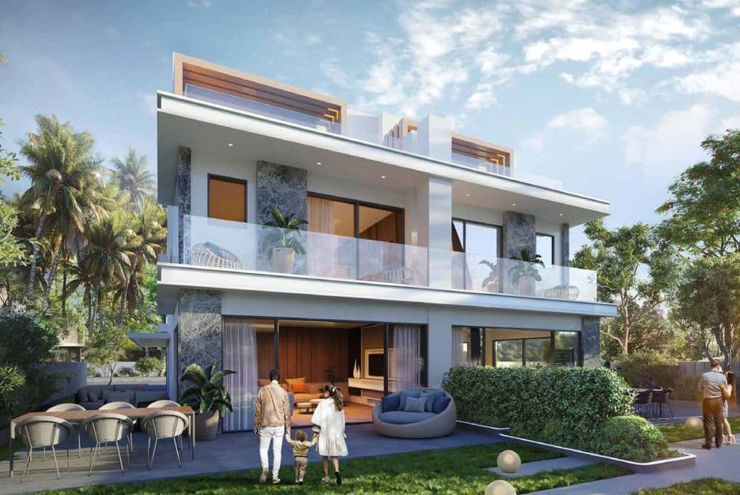 Modern two-story house with large glass windows, surrounded by palm trees. A family walks in the garden. Outdoor seating on the patio.