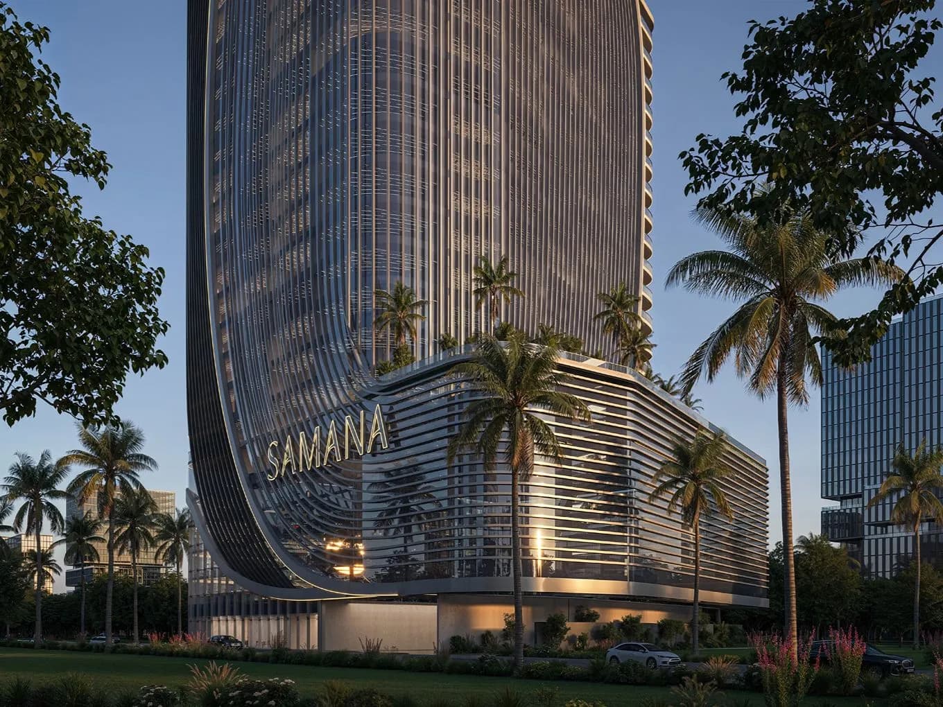 A futuristic glass high-rise with a curved, wave-like façade and a SAMANA sign on its base, surrounded by palm trees and tropical landscaping. KI-generiertes Bild